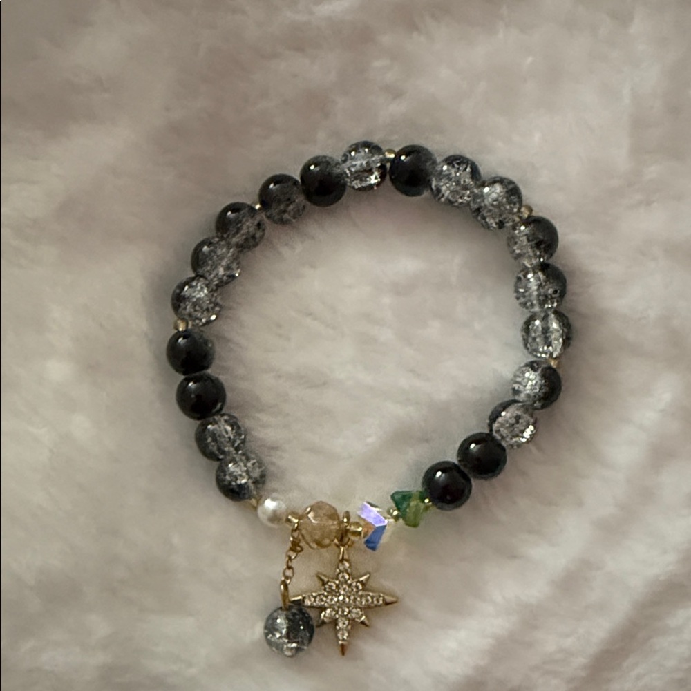 Elegant Black and Silver Beaded Bracelet with Star Charm W/Box